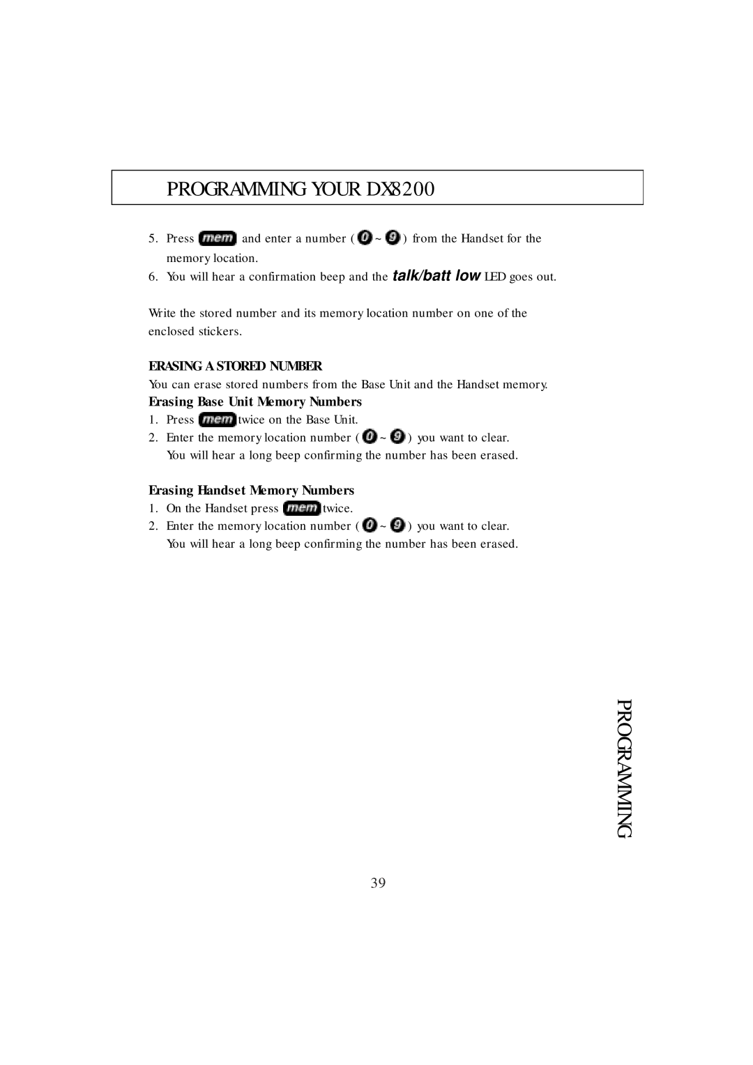 Uniden DX8200 manual Erasing a Stored Number, Erasing Base Unit Memory Numbers, Erasing Handset Memory Numbers 