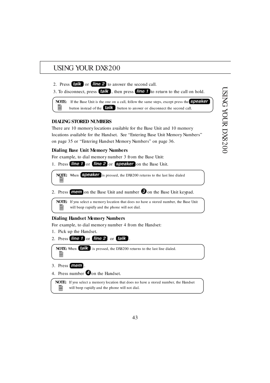 Uniden DX8200 manual Dialing Stored Numbers, Dialing Base Unit Memory Numbers, Dialing Handset Memory Numbers 