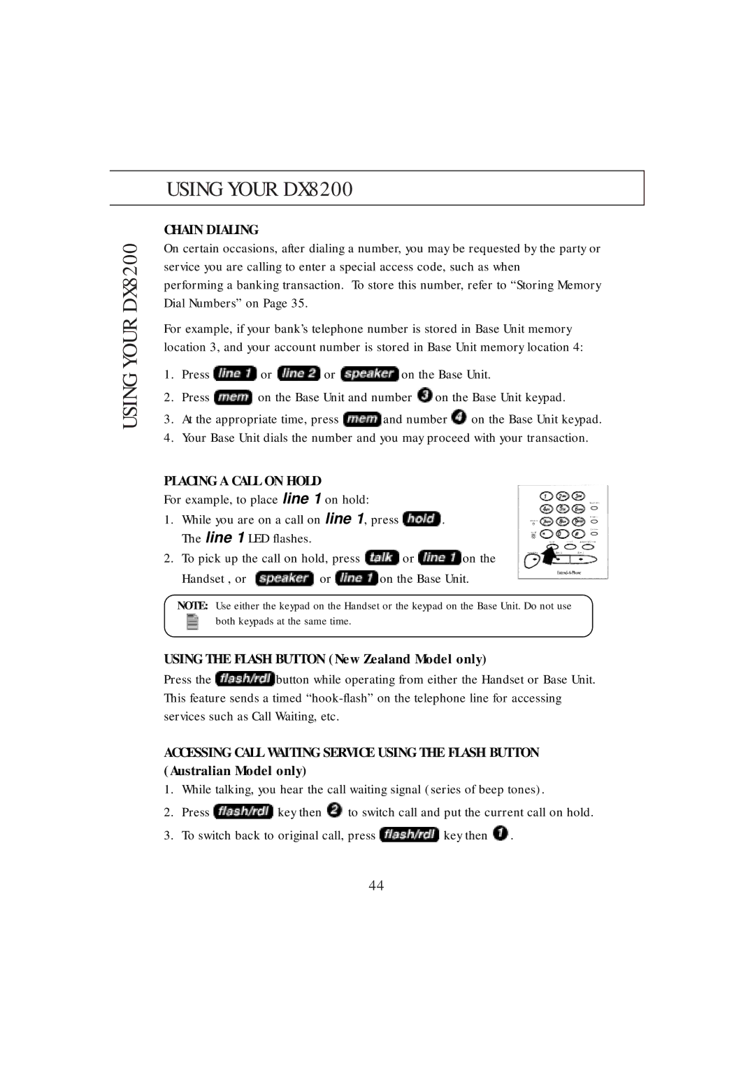 Uniden DX8200 manual Chain Dialing, Placing a Call on Hold, Using the Flash Button New Zealand Model only 