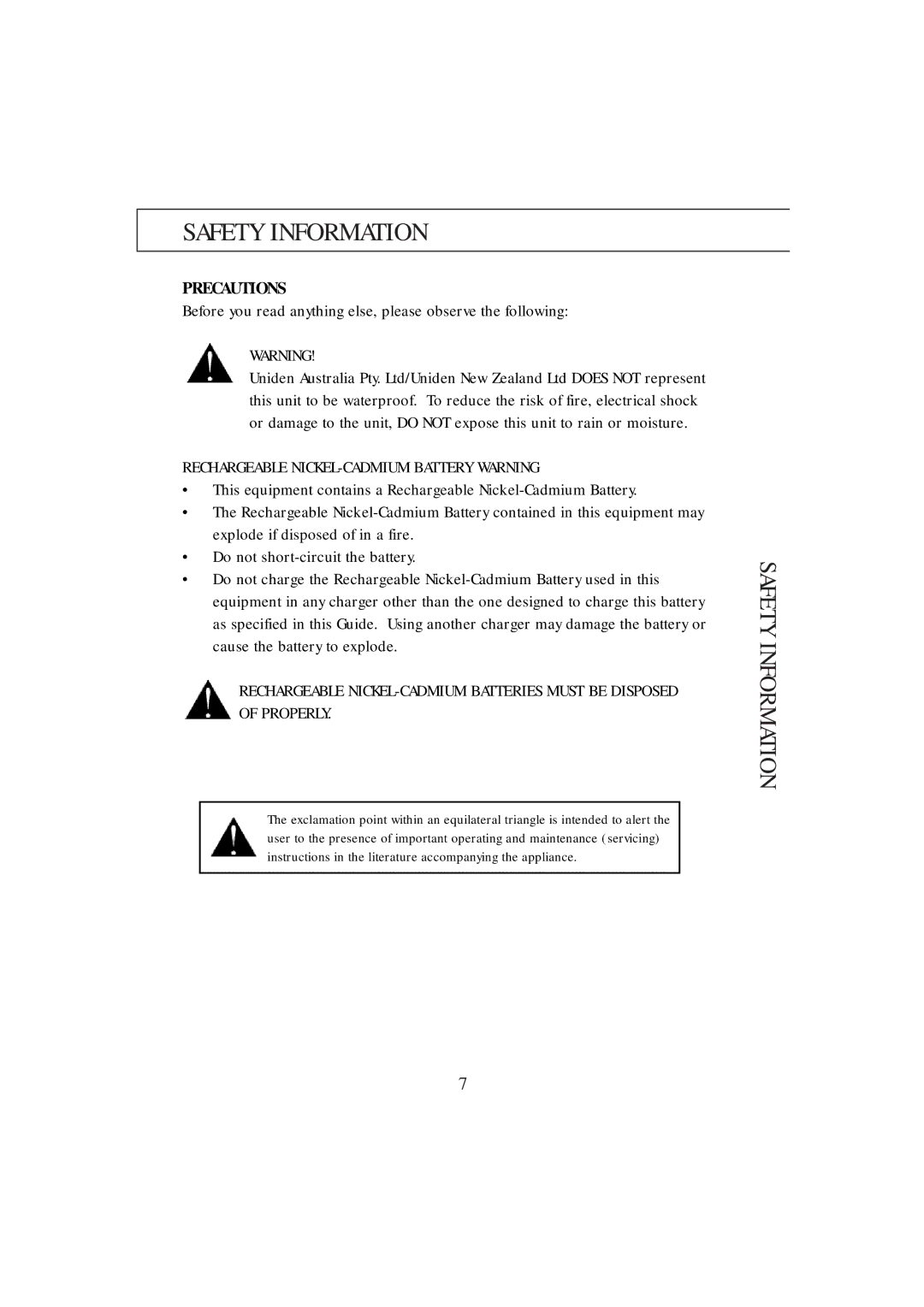 Uniden DX8200 manual Precautions, Rechargeable NICKEL-CADMIUM Battery Warning 