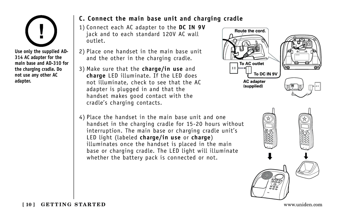 Uniden DXAI 5188-2 Series manual Connect the main base unit and charging cradle 