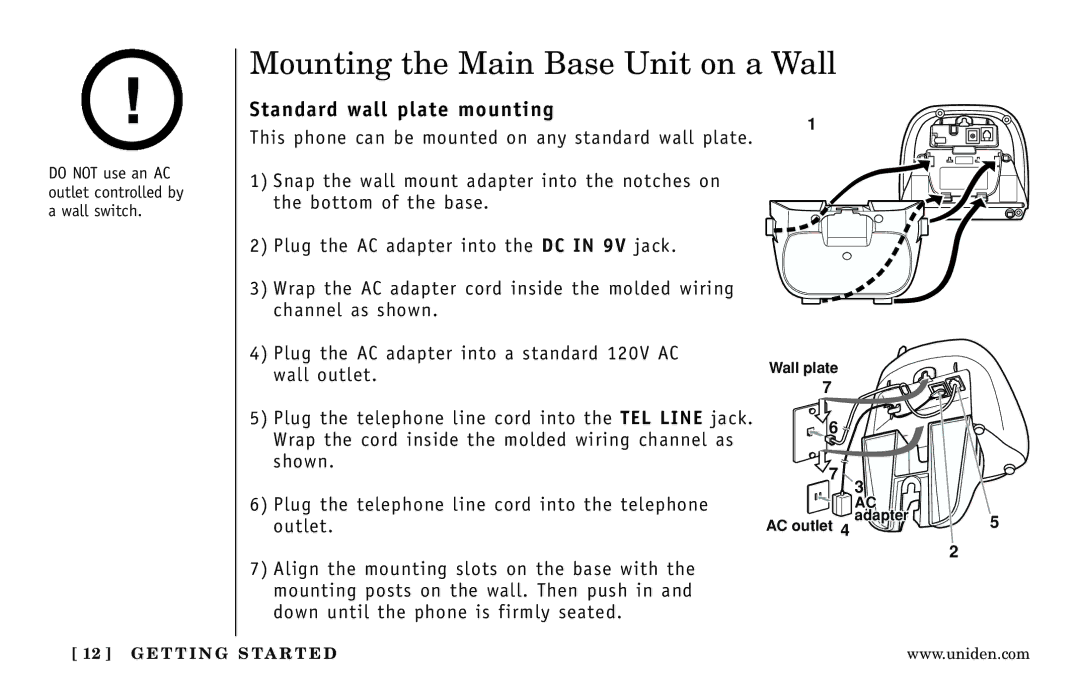 Uniden DXAI 5188-2 Series manual Mounting the Main Base Unit on a Wall, Standard wall plate mounting 