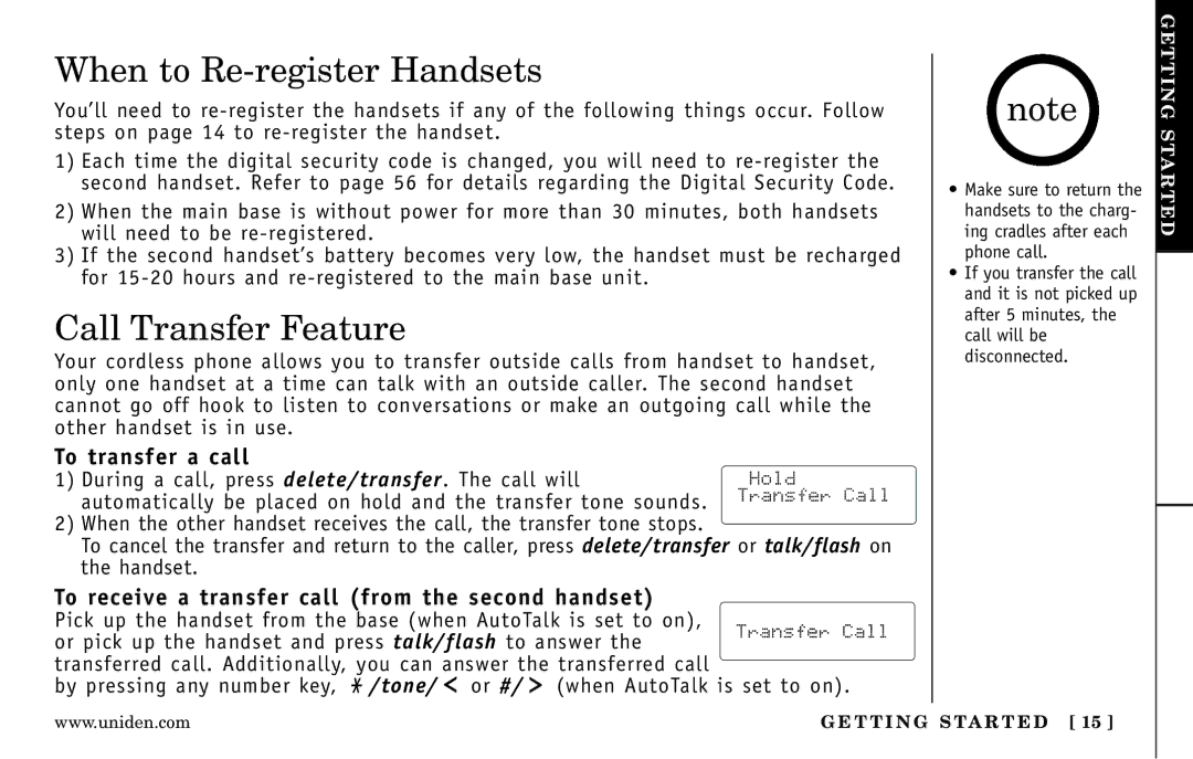 Uniden DXAI 5188-2 Series manual When to Re-register Handsets, Call Transfer Feature, To transfer a call 