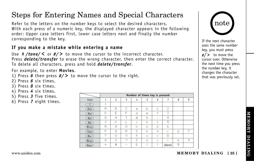 Uniden DXAI 5188-2 Series Steps for Entering Names and Special Characters, If you make a mistake while entering a name 