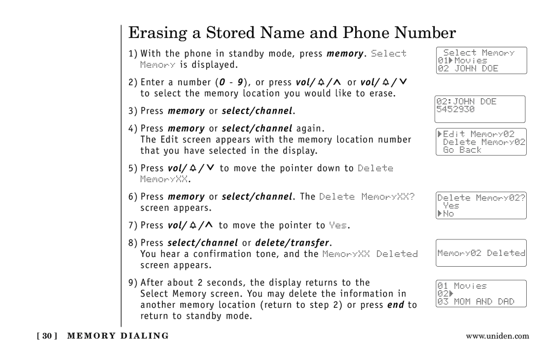 Uniden DXAI 5188-2 Series manual Erasing a Stored Name and Phone Number, Press select/channel or delete/transfer 