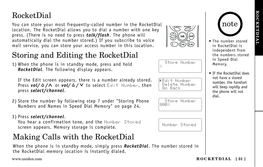 Uniden DXAI 5188-2 Series Storing and Editing the RocketDial, Making Calls with the RocketDial, Press select/channel 