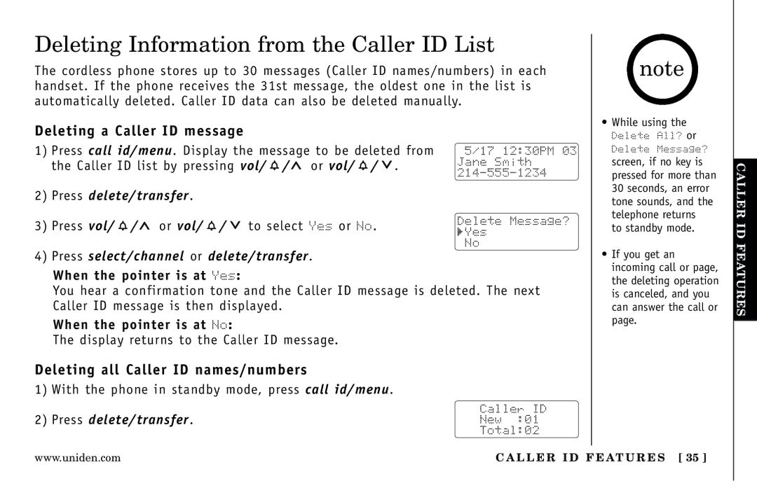 Uniden DXAI 5188-2 Series manual Deleting Information from the Caller ID List, Deleting a Caller ID message 