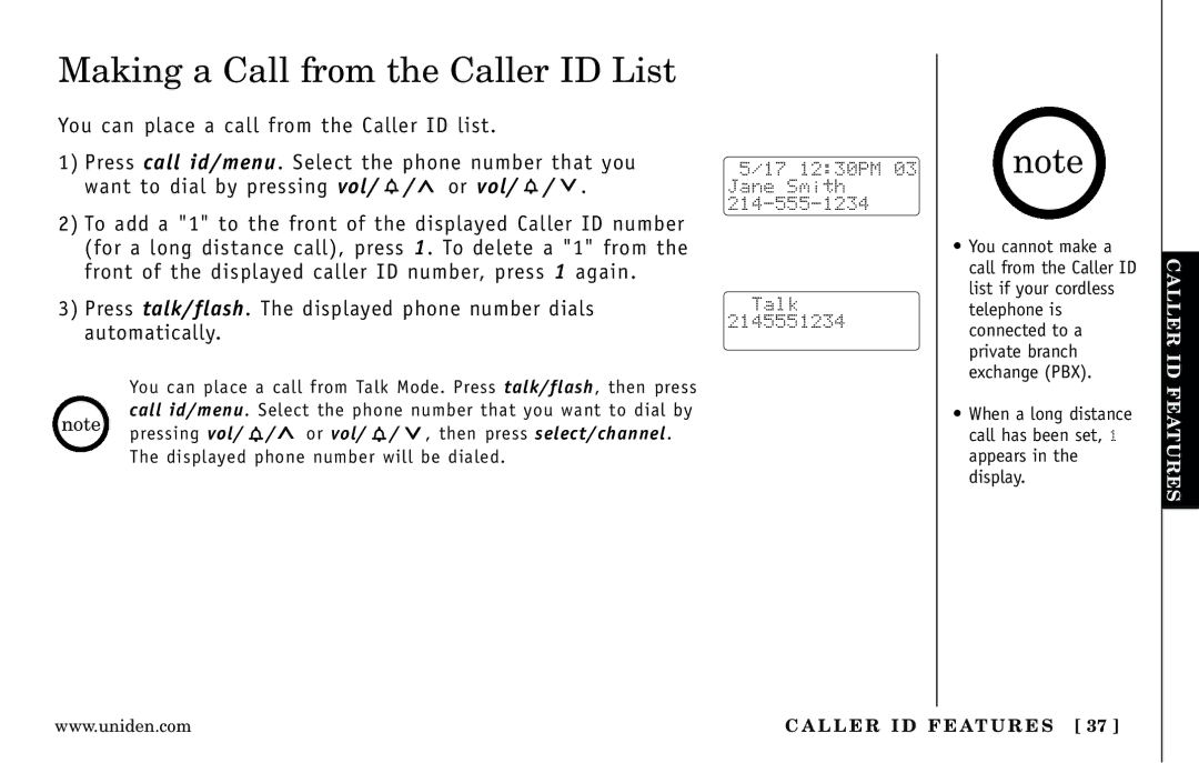 Uniden DXAI 5188-2 Series manual Making a Call from the Caller ID List 