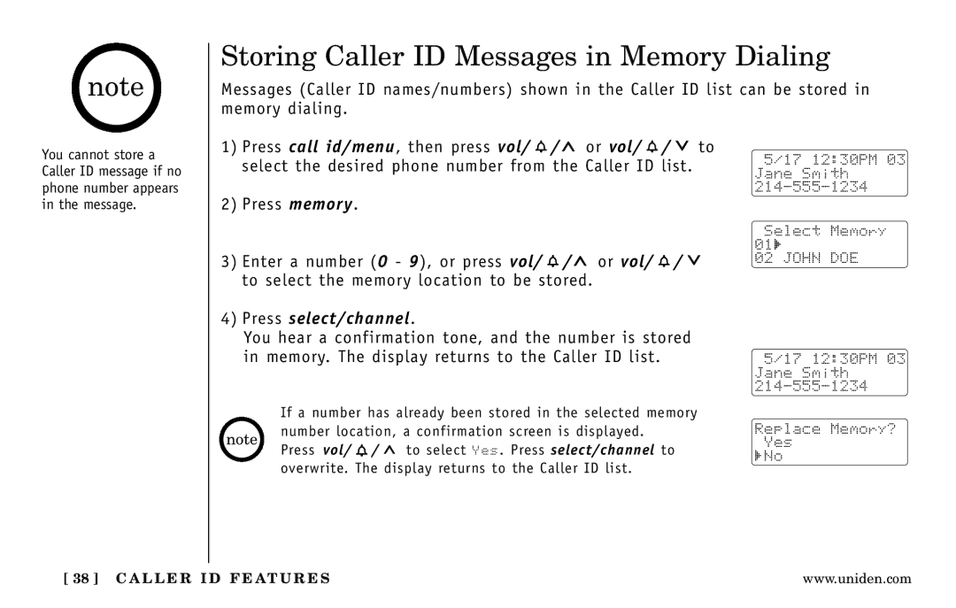 Uniden DXAI 5188-2 Series Storing Caller ID Messages in Memory Dialing, Press call id/menu, then press vol/ / or vol/ / to 