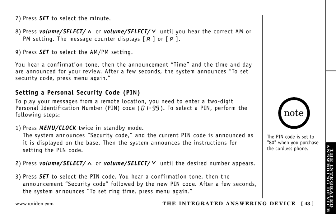 Uniden DXAI 5188-2 Series manual Setting a Personal Security Code PIN 