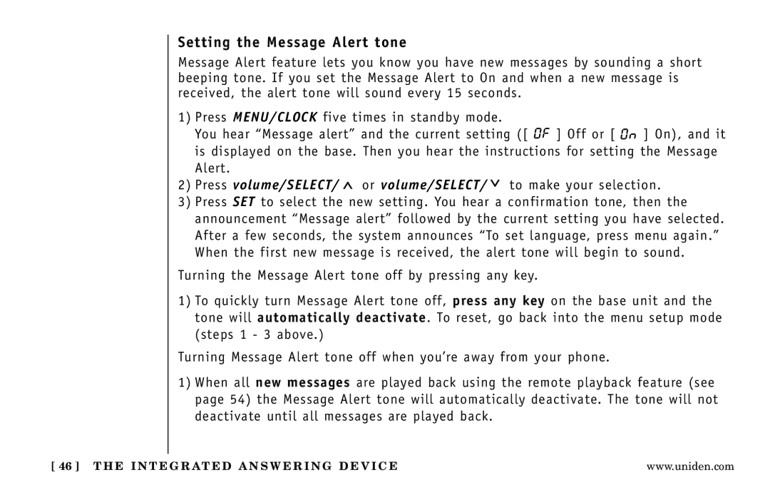 Uniden DXAI 5188-2 Series manual Setting the Message Alert tone 