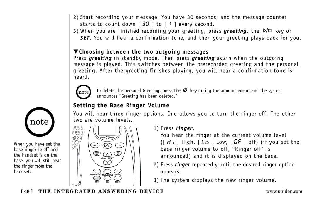 Uniden DXAI 5188-2 Series manual Setting the Base Ringer Volume, Choosing between the two outgoing messages 