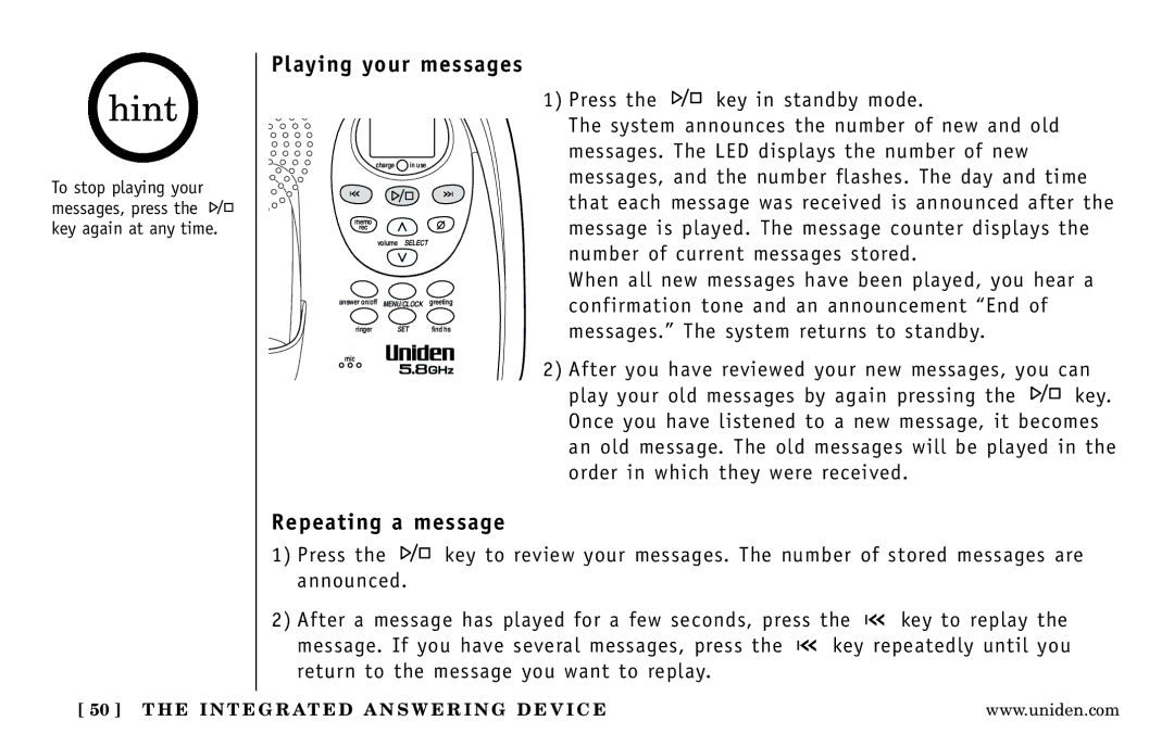 Uniden DXAI 5188-2 Series manual Playing your messages, Repeating a message 