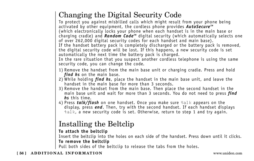 Uniden DXAI 5188-2 Series manual Changing the Digital Security Code, Installing the Beltclip, To attach the beltclip 