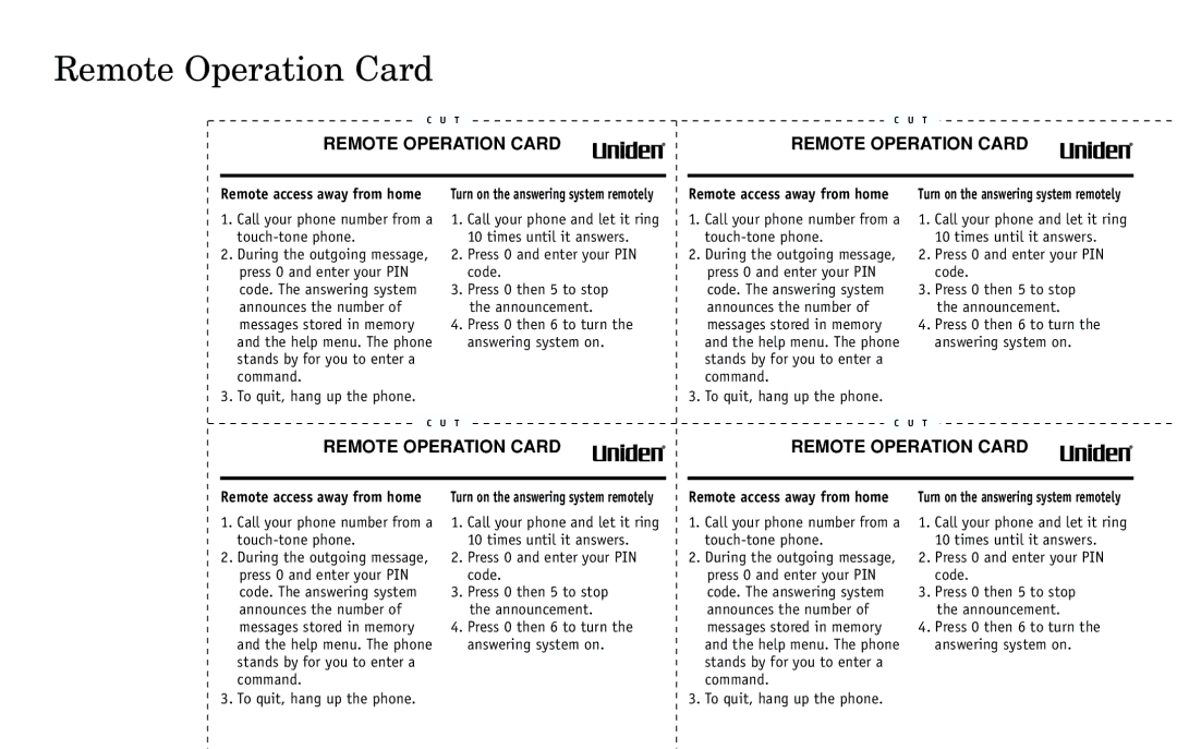 Uniden DXAI 5188-2 Series manual Remote Operation Card 