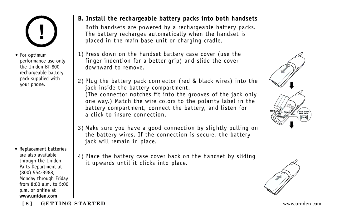 Uniden DXAI 5188-2 Series manual Install the rechargeable battery packs into both handsets 