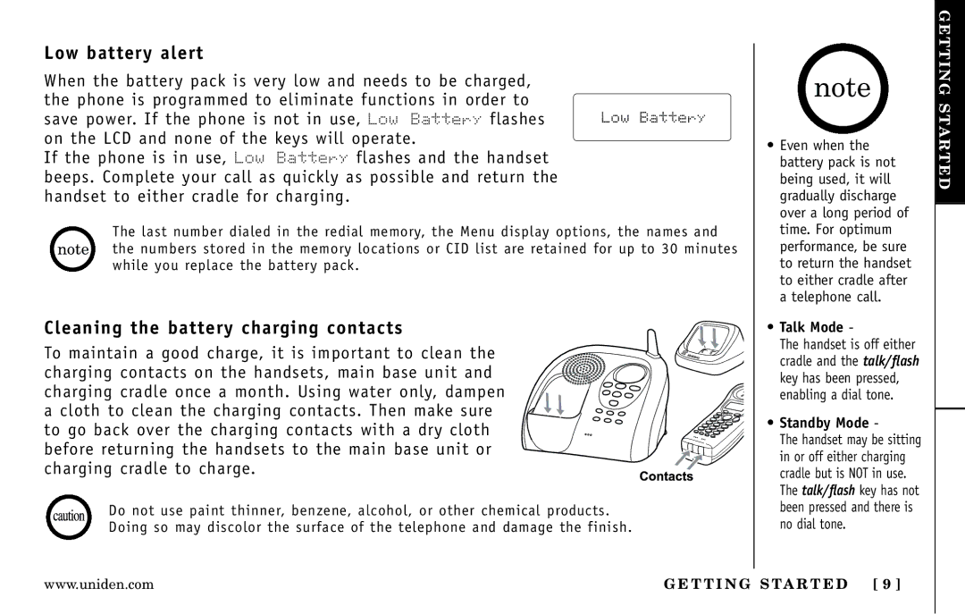 Uniden DXAI 5188-2 Series manual Low battery alert, Cleaning the battery charging contacts 