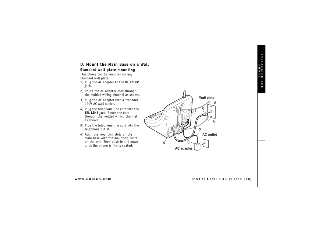 Uniden DXAI4288-2 manual Mount the Main Base on a Wall, Standard wall plate mounting 