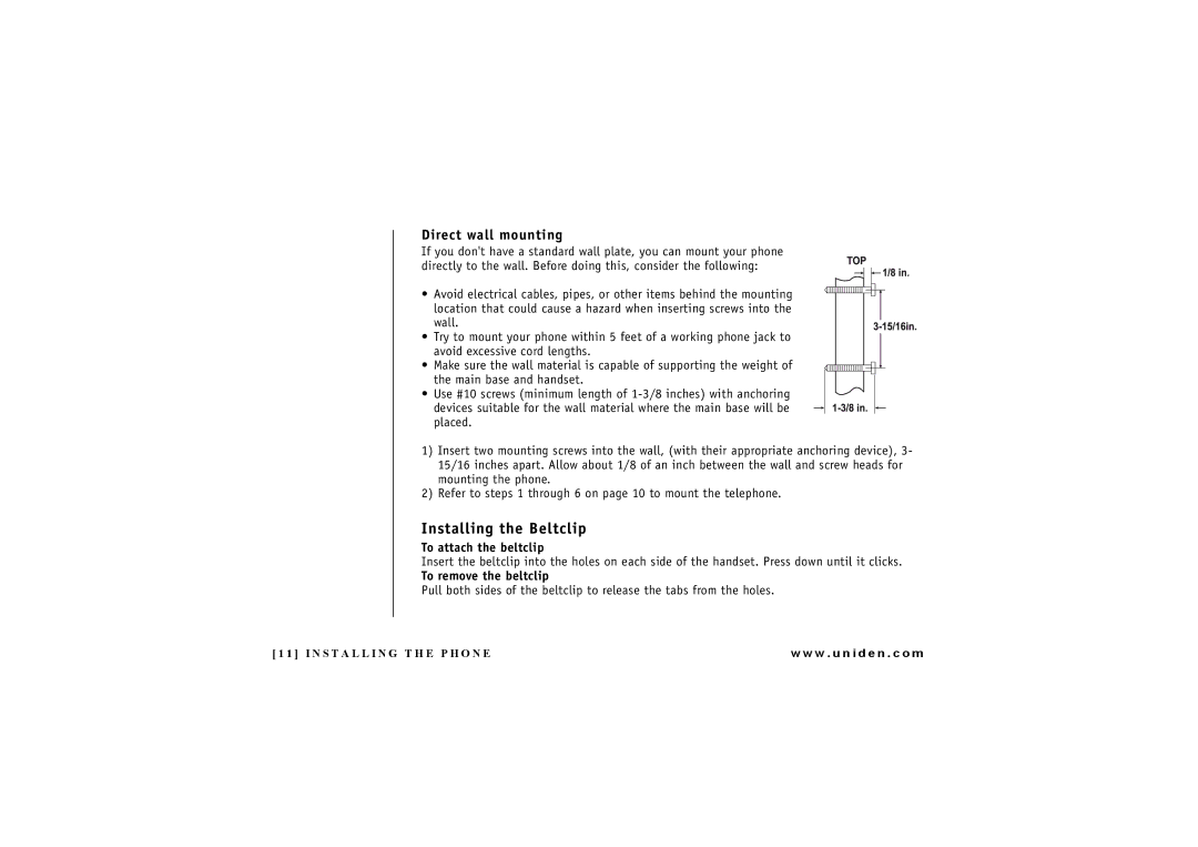 Uniden DXAI4288-2 manual Installing the Beltclip, Direct wall mounting 