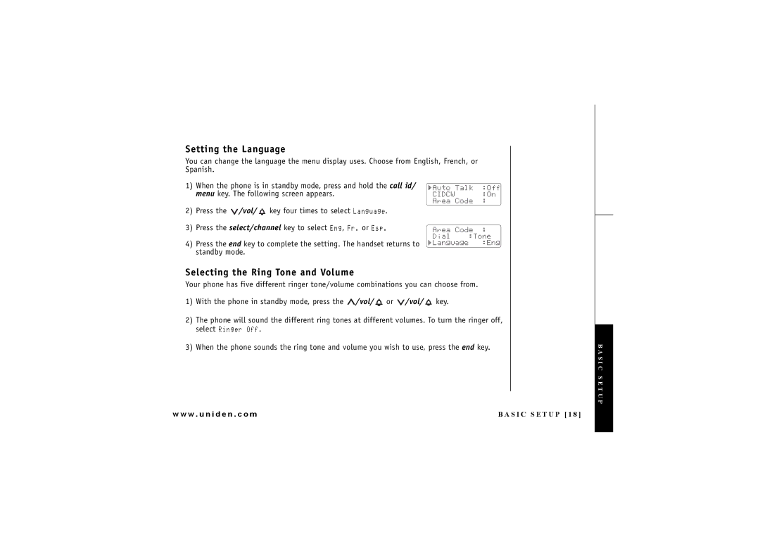 Uniden DXAI4288-2 manual Setting the Language, Selecting the Ring Tone and Volume 