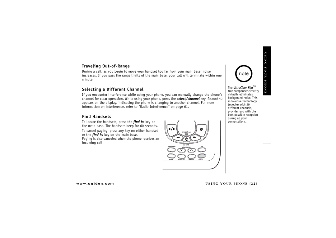 Uniden DXAI4288-2 manual Traveling Out-of-Range, Selecting a Different Channel, Find Handsets 