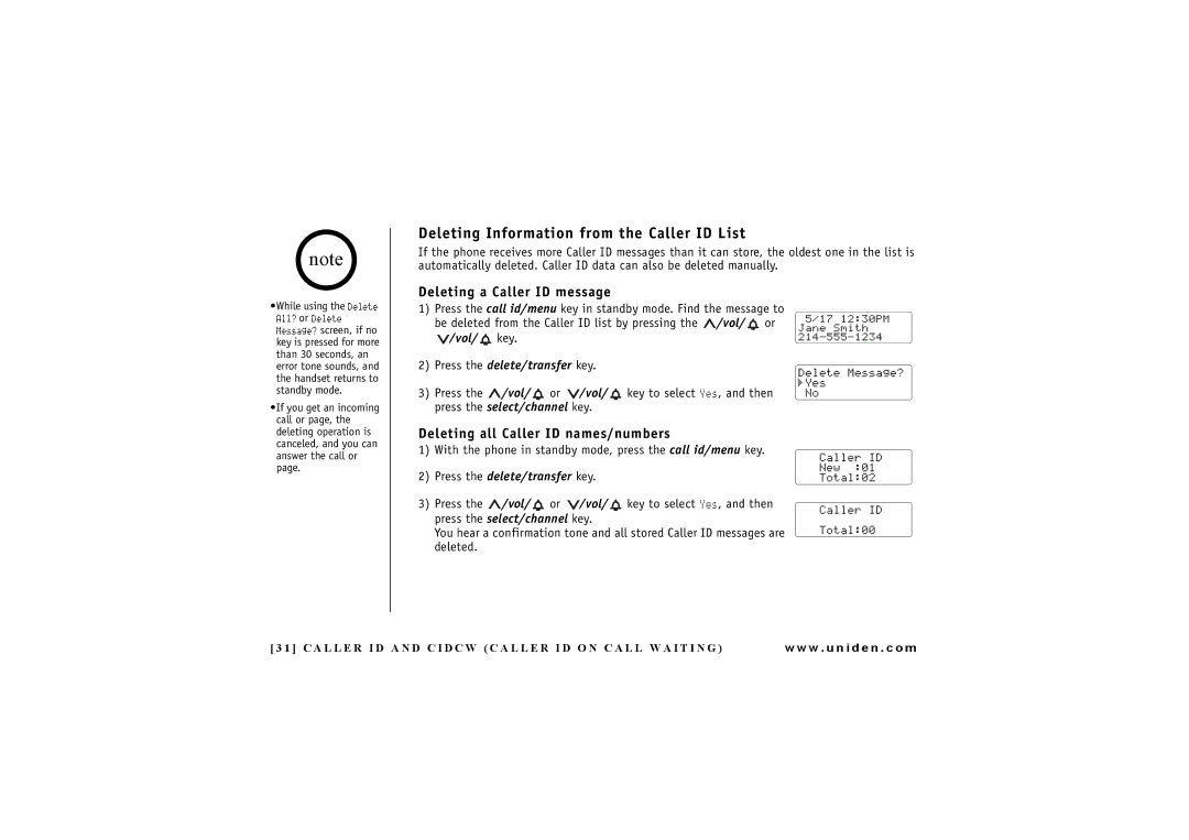 Uniden DXAI4288-2 manual Deleting Information from the Caller ID List, Deleting a Caller ID message 