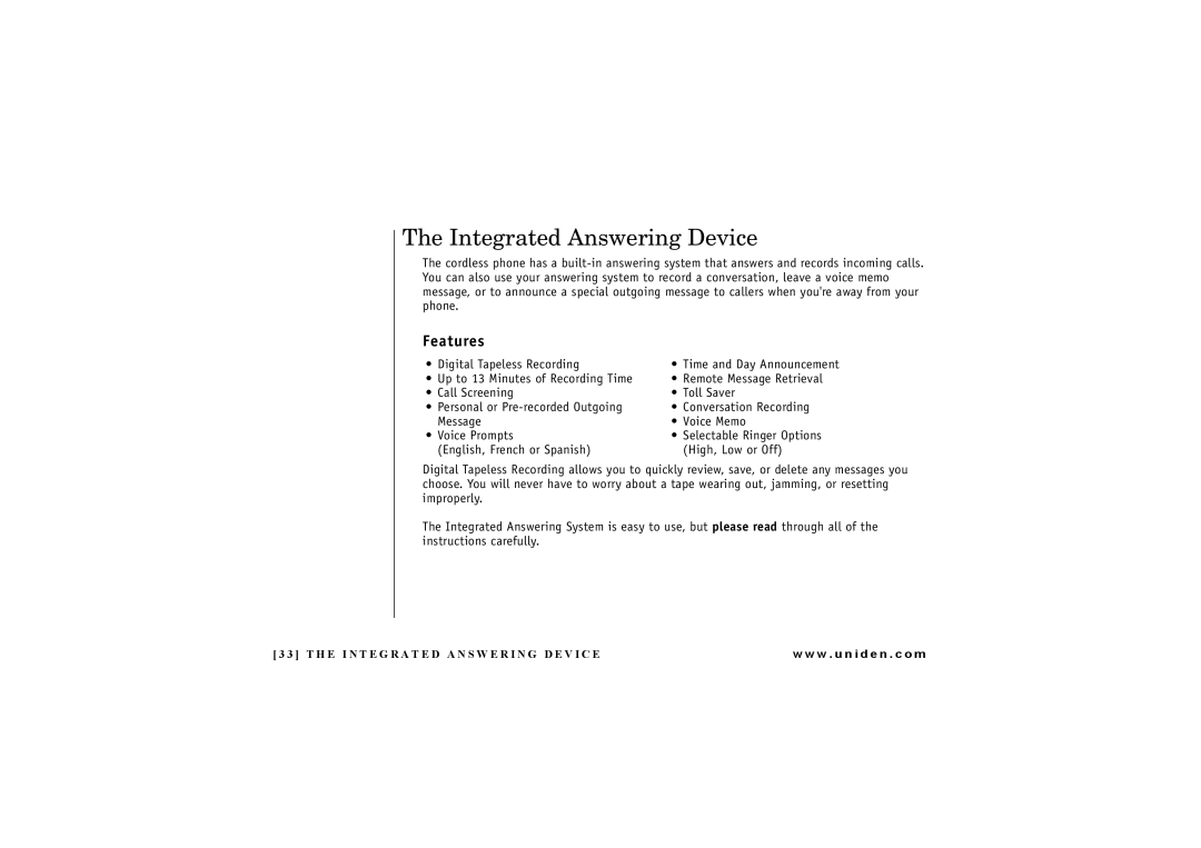 Uniden DXAI4288-2 manual Integrated Answering Device, Features 