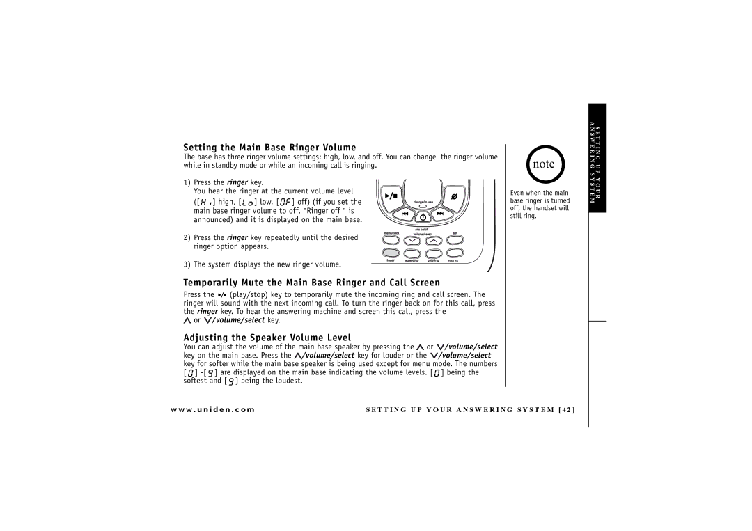 Uniden DXAI4288-2 manual Setting the Main Base Ringer Volume, Temporarily Mute the Main Base Ringer and Call Screen 