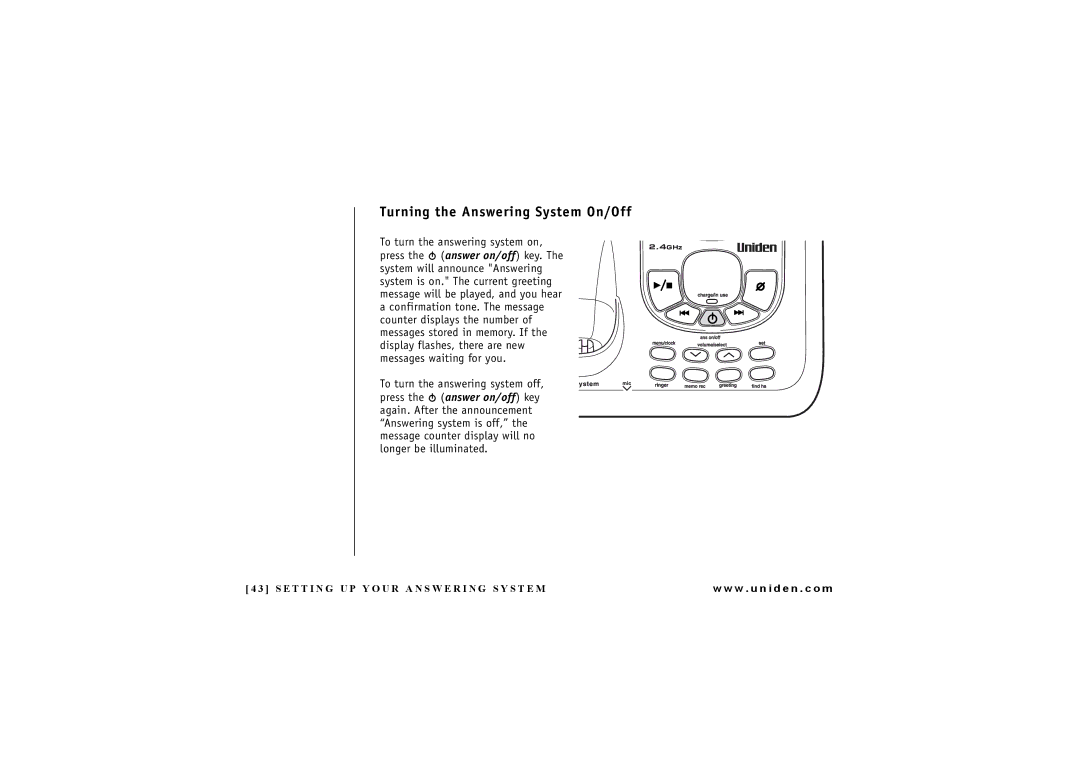 Uniden DXAI4288-2 manual Turning the Answering System On/Off 