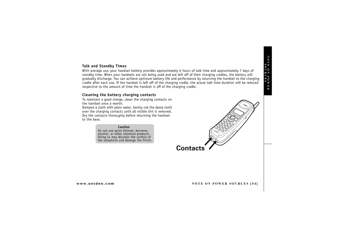 Uniden DXAI4288-2 manual Talk and Standby Times, Cleaning the battery charging contacts 