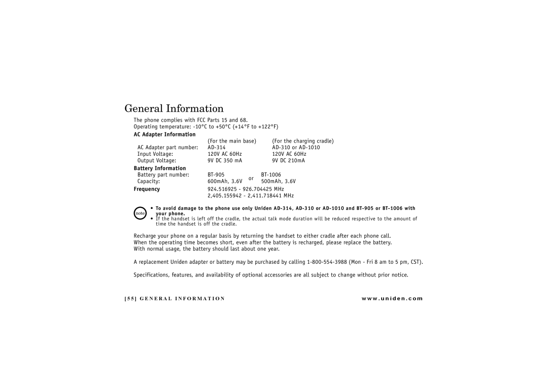 Uniden DXAI4288-2 manual General Information, AC Adapter Information 