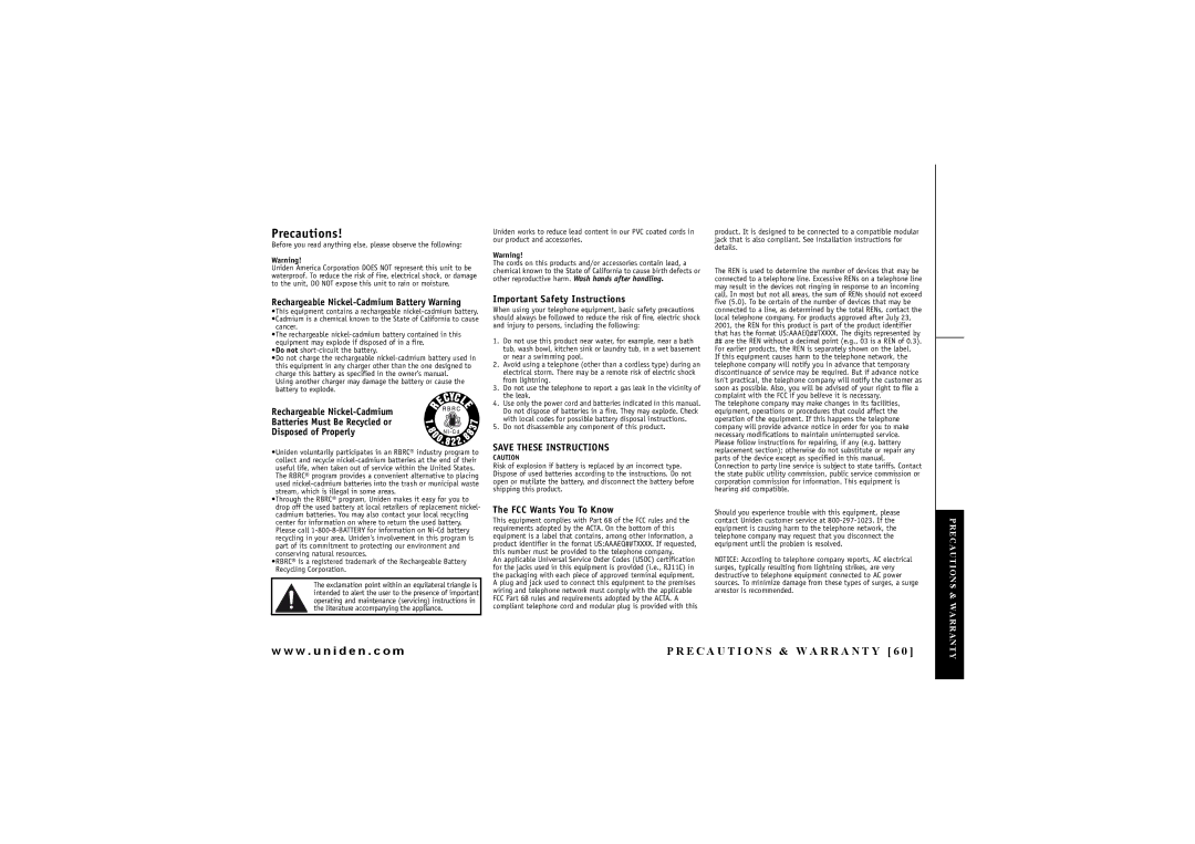 Uniden DXAI4288-2 manual Precautions 