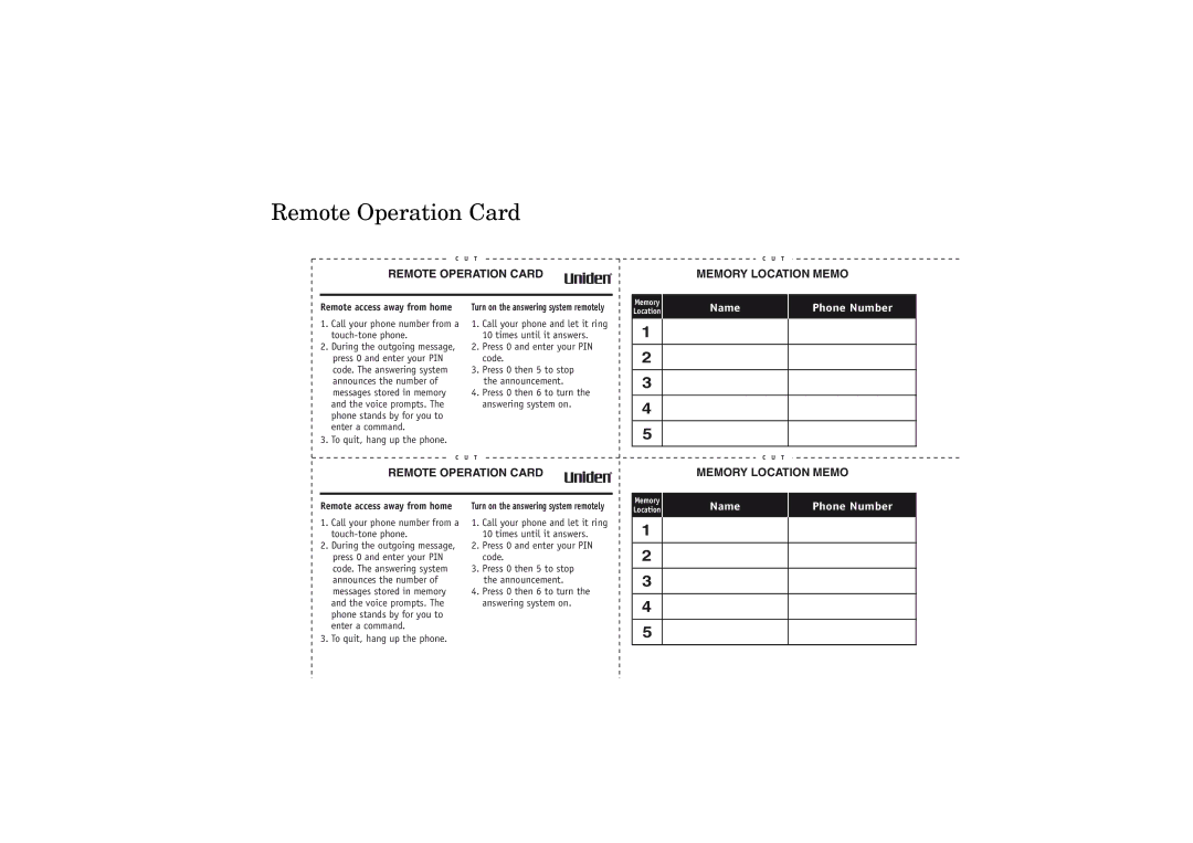 Uniden DXAI4288-2 manual Remote Operation Card Memory Location Memo 