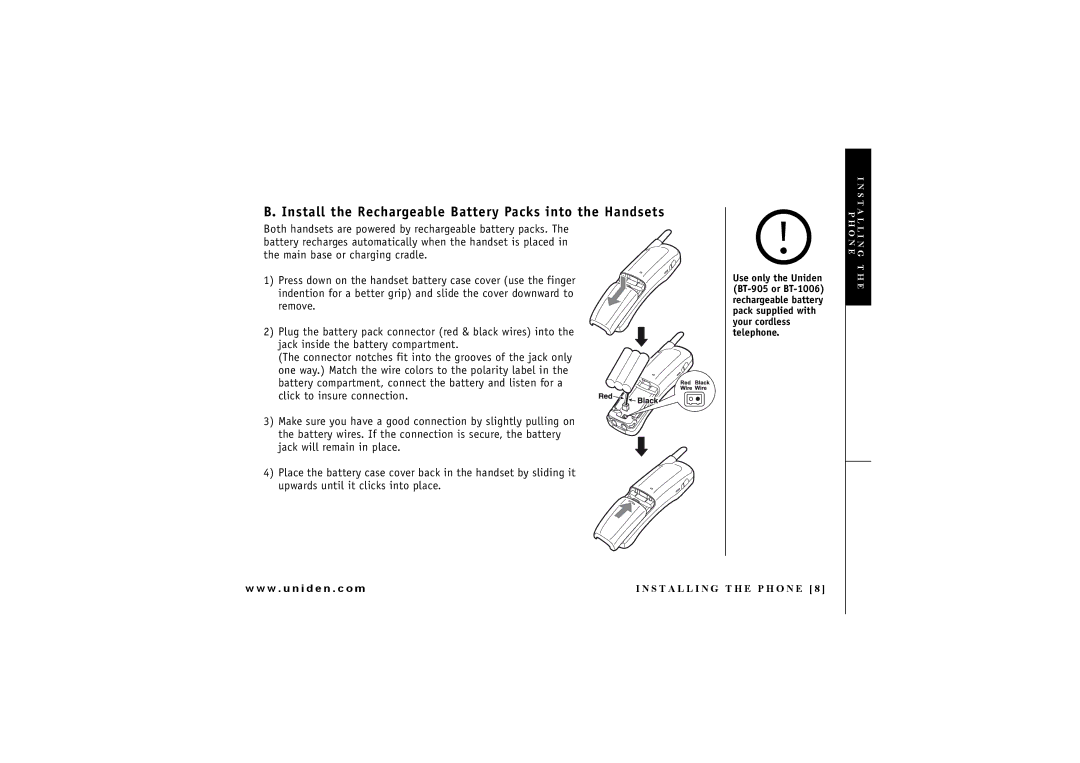 Uniden DXAI4288-2 manual Install the Rechargeable Battery Packs into the Handsets 