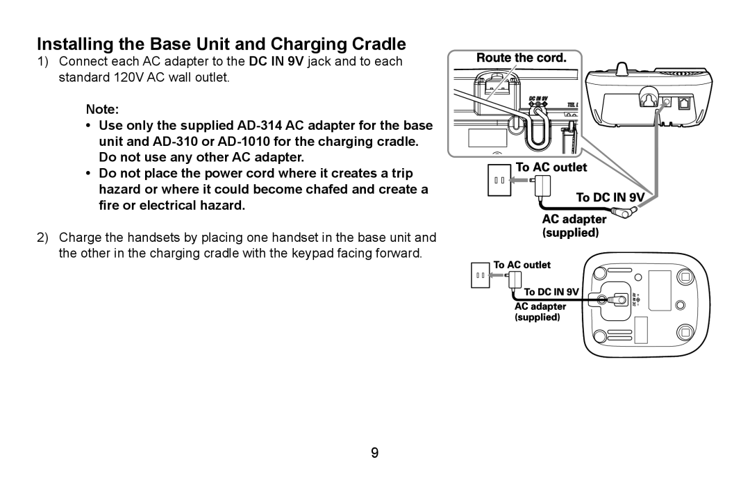 Uniden DXAI4588 manual Installing the Base Unit and Charging Cradle 