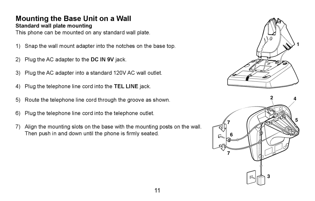 Uniden DXAI4588 manual Mounting the Base Unit on a Wall, Standard wall plate mounting 