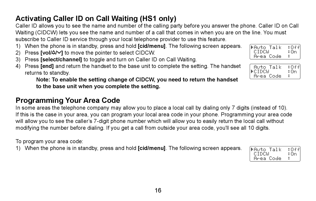 Uniden DXAI4588 manual Activating Caller ID on Call Waiting HS1 only, Programming Your Area Code 