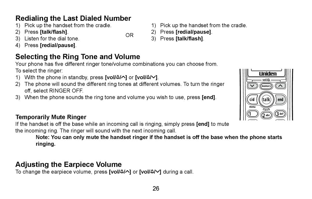 Uniden DXAI4588 manual Redialing the Last Dialed Number, Selecting the Ring Tone and Volume, Adjusting the Earpiece Volume 