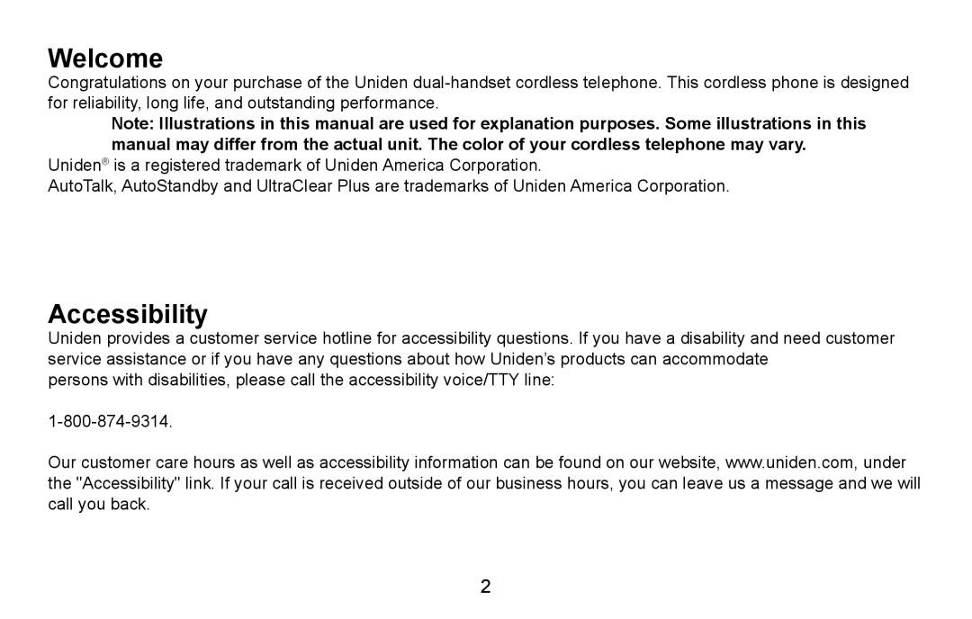 Uniden DXAI4588 manual Welcome, Accessibility 