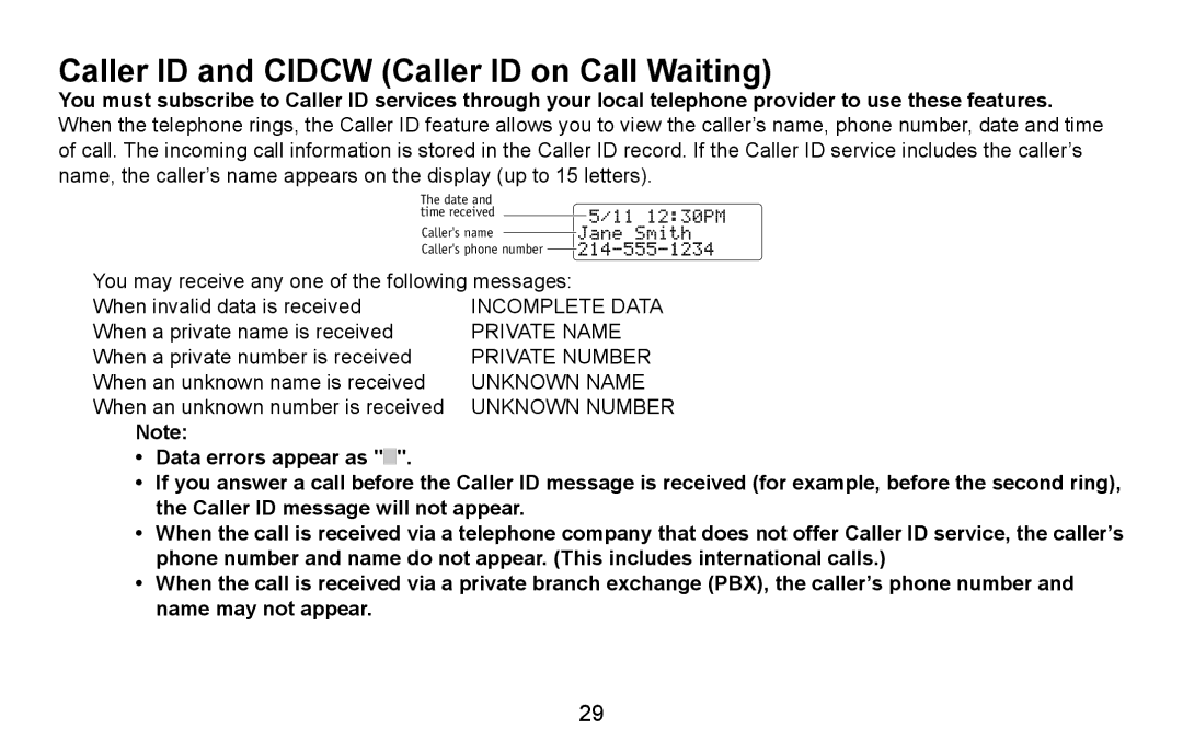 Uniden DXAI4588 manual Caller ID and Cidcw Caller ID on Call Waiting 