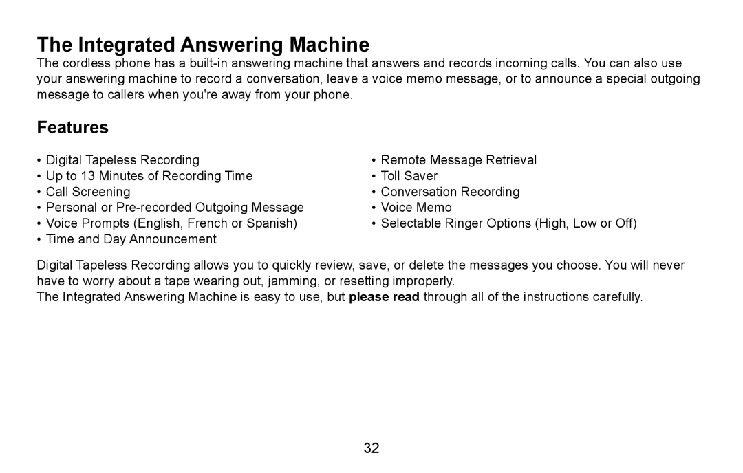 Uniden DXAI4588 manual Integrated Answering Machine, Features 