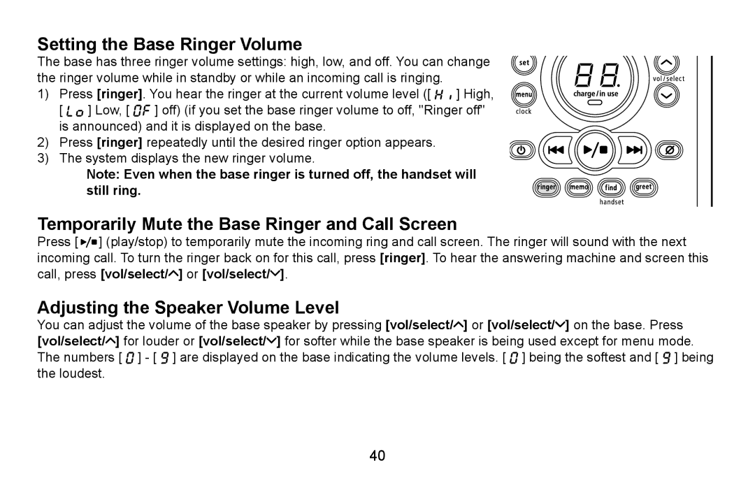 Uniden DXAI4588 manual Setting the Base Ringer Volume, Temporarily Mute the Base Ringer and Call Screen 