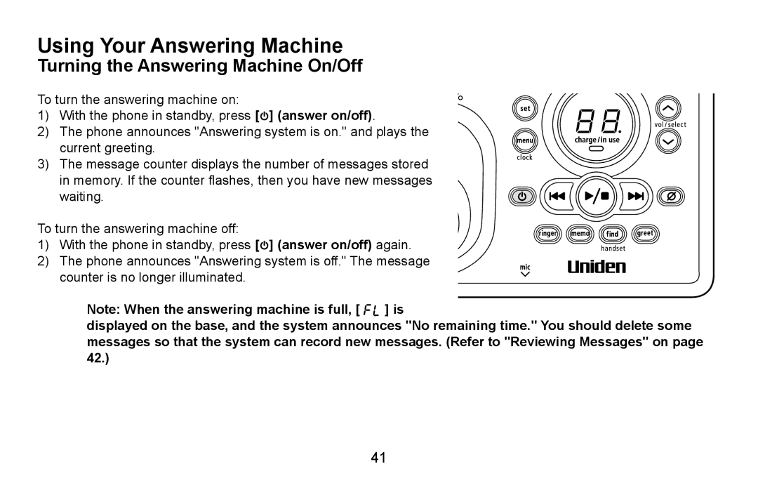 Uniden DXAI4588 manual Using Your Answering Machine, Turning the Answering Machine On/Off 