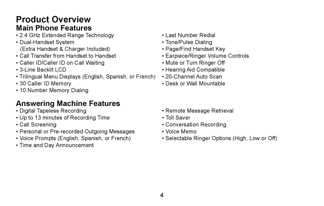 Uniden DXAI4588 manual Product Overview, Main Phone Features, Answering Machine Features 