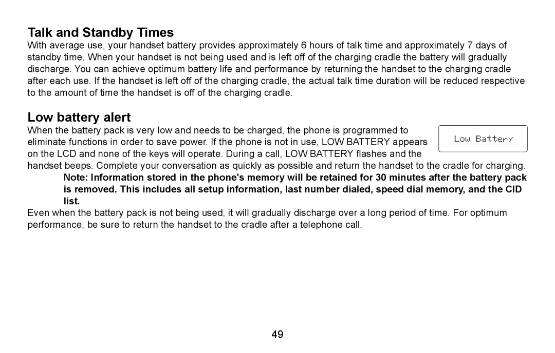 Uniden DXAI4588 manual Talk and Standby Times, Low battery alert 