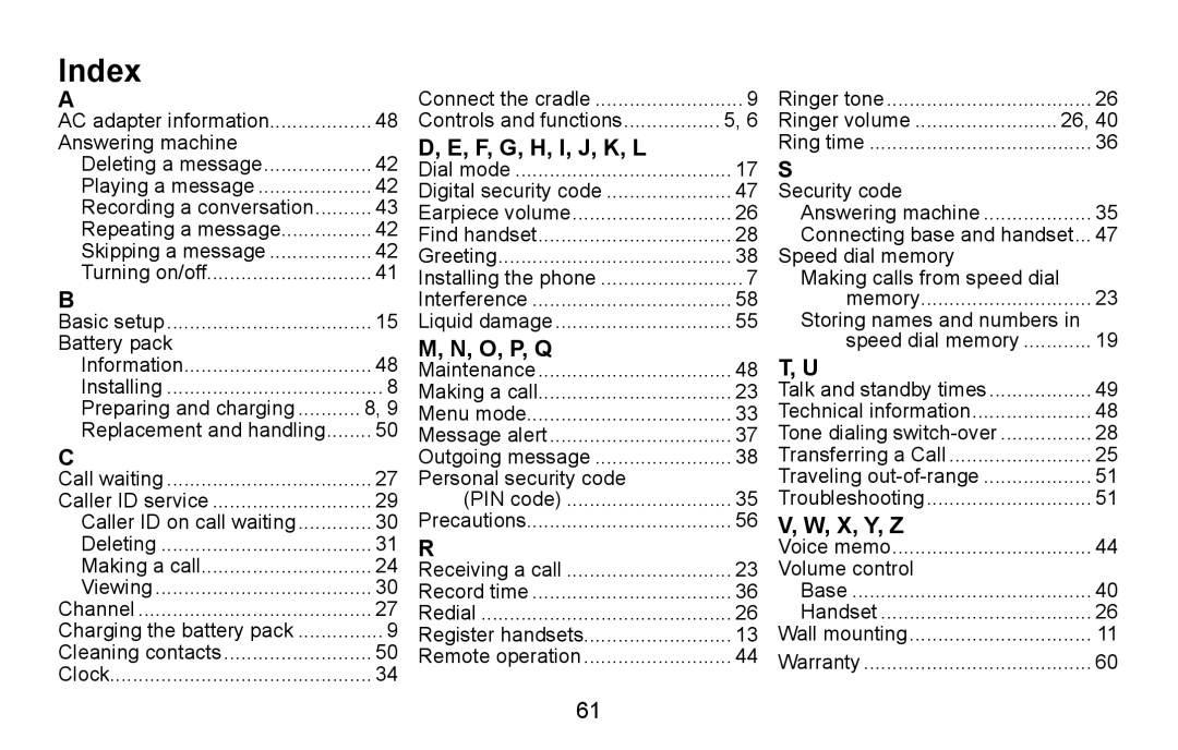 Uniden DXAI4588 manual Index, F, G, H, I, J, K, L, O, P, Q, X, Y, Z 