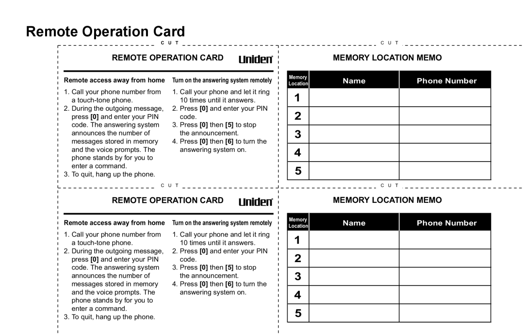 Uniden DXAI4588 manual Remote Operation Card Memory Location Memo 