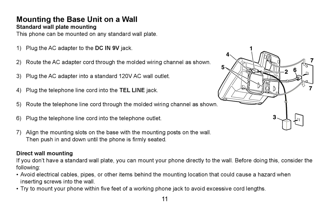 Uniden DXAI5688 manual Mounting the Base Unit on a Wall, Standard wall plate mounting, Direct wall mounting 