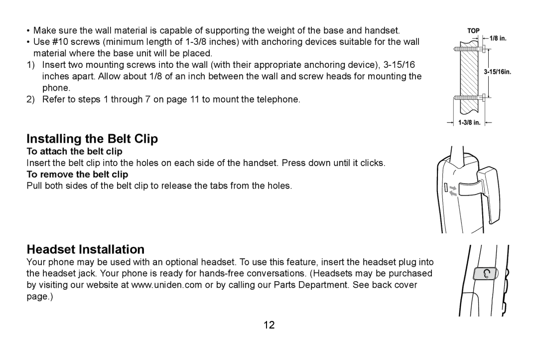 Uniden DXAI5688 manual Installing the Belt Clip, Headset Installation, To attach the belt clip, To remove the belt clip 