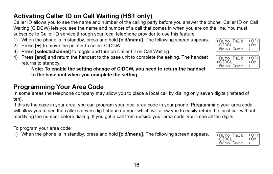 Uniden DXAI5688 manual Activating Caller ID on Call Waiting HS1 only, Programming Your Area Code 